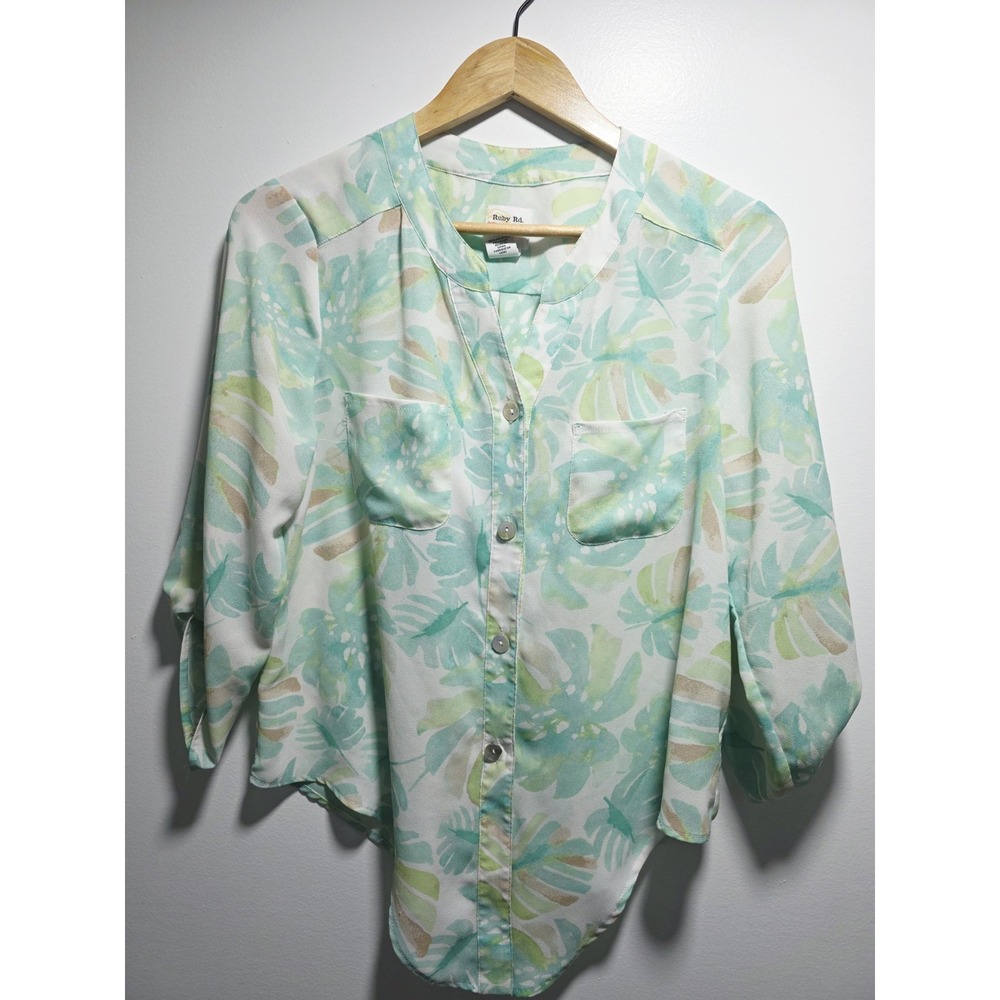 Rubi RD Petite Womens Blouse Top Leaf Print Lightweight Size PM 3/4 Sleeve